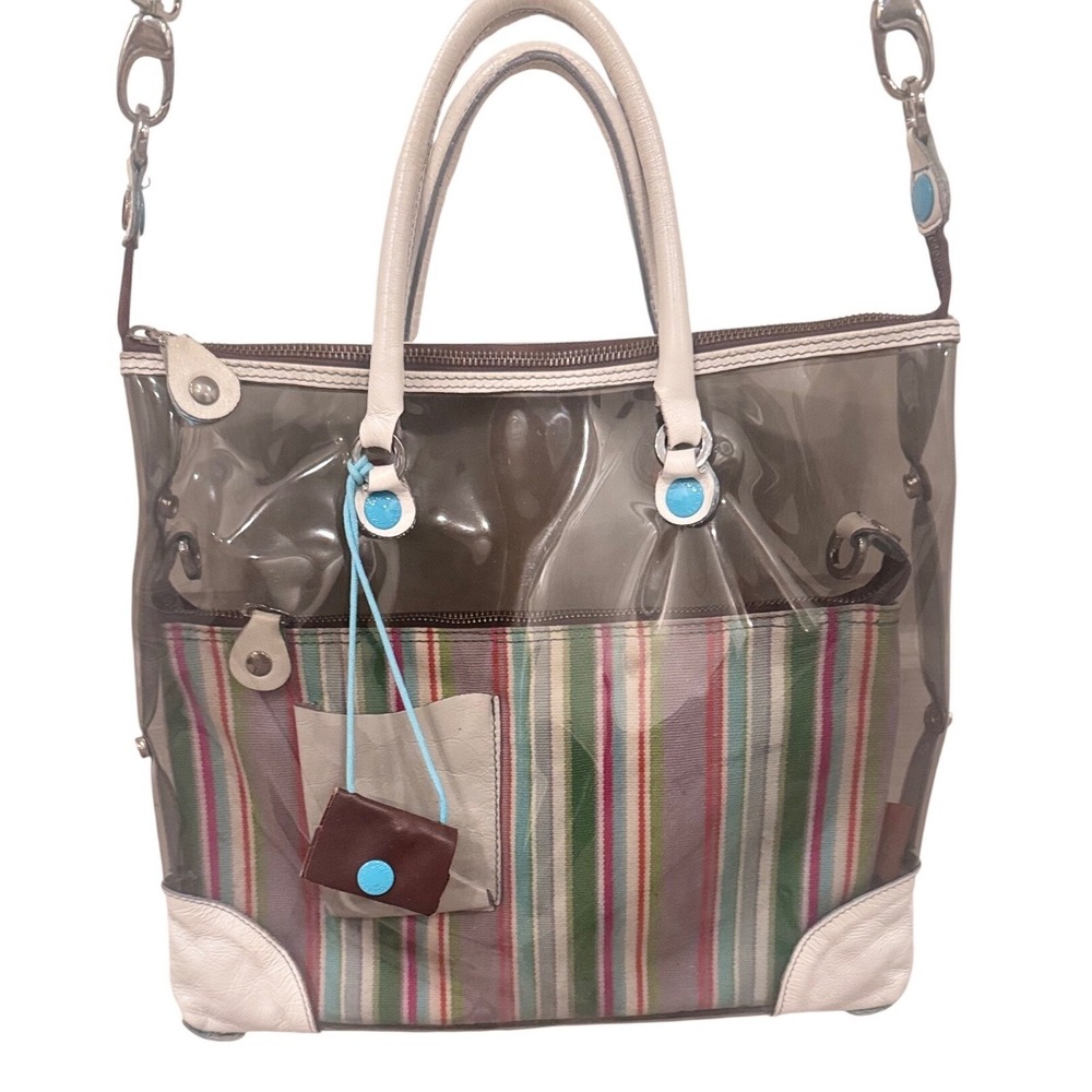 Gabs‎ G-3 Convertible Tote Clear PVC Striped Canvas Insert Leather Trim Preloved